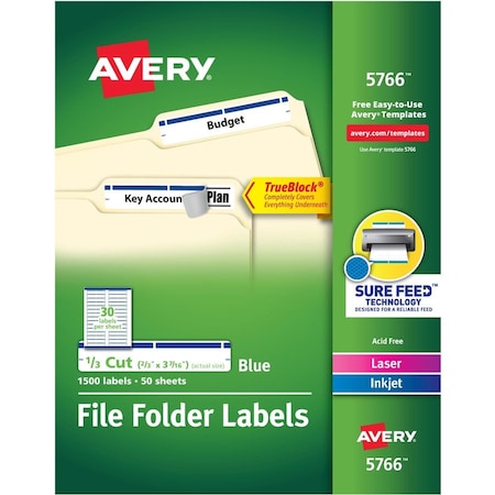 Avery File Folder Labels, TrueBlock, 1/3 Cut, 1500/BX, Blue PK AVE5766